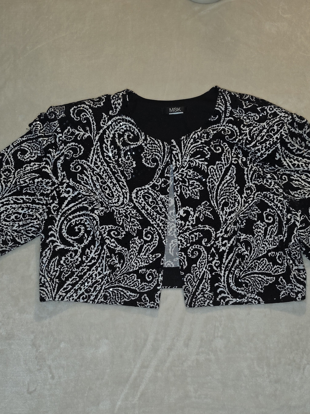 MSK Black & White Paisley Cropped Cardigan Sweater For Dress